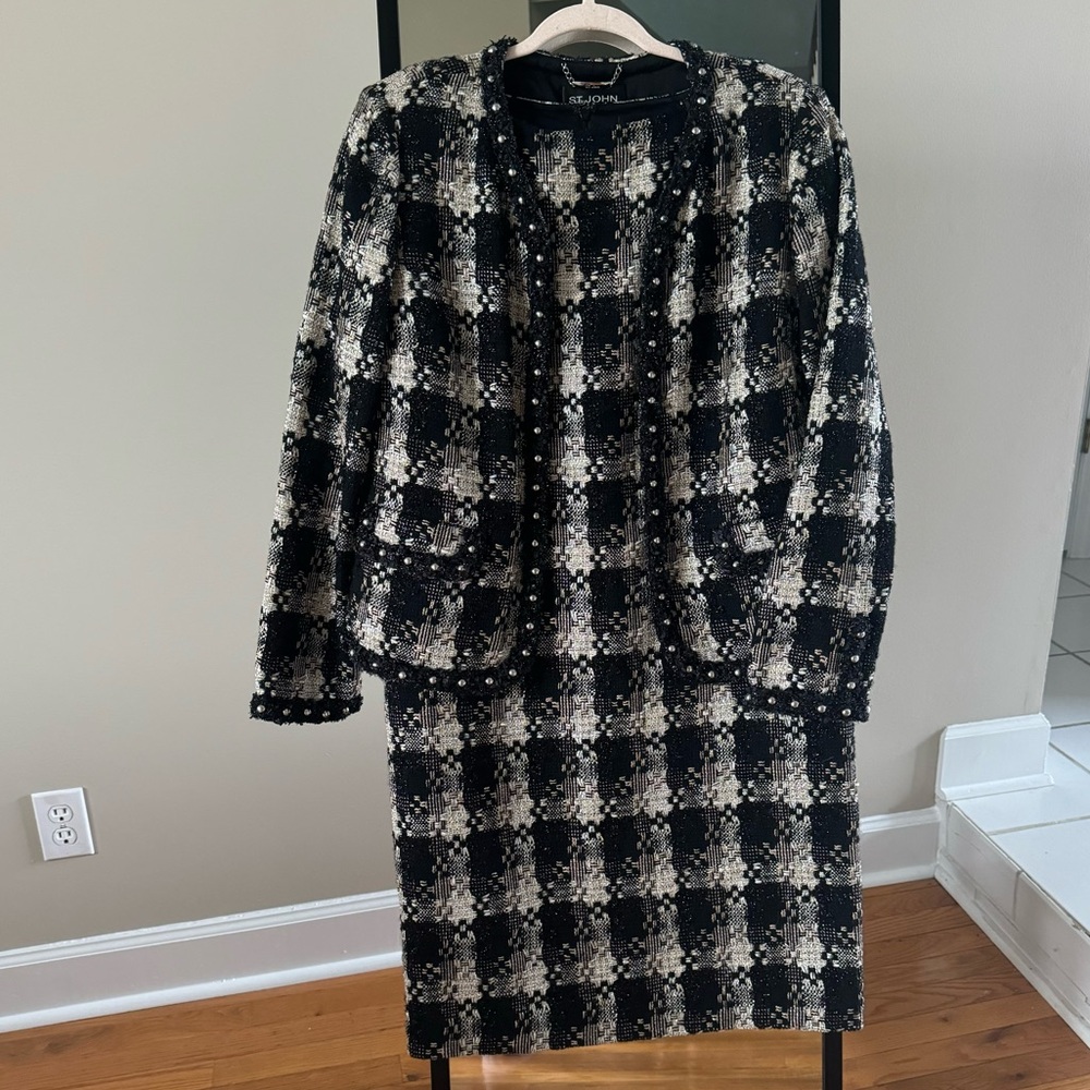 St John Set Dress and Blazer Black Cream Tweed Resort Timeless Set
